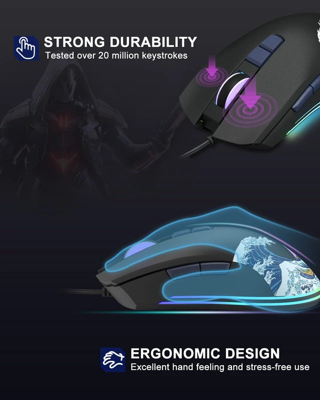 Alt view image 4 of 7 - Womier USB Wired Gaming Mouse for PC Computer Windows Mac Laptop | Lightweight Silent RGB Backlit Mouse with Adjustable 12000DPI/7 Programmable Side Buttons, Black Kanagawa Theme-G705 V2