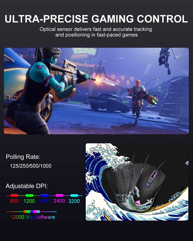 Alt view image 3 of 7 - Womier USB Wired Gaming Mouse for PC Computer Windows Mac Laptop | Lightweight Silent RGB Backlit Mouse with Adjustable 12000DPI/7 Programmable Side Buttons, Black Kanagawa Theme-G705 V2