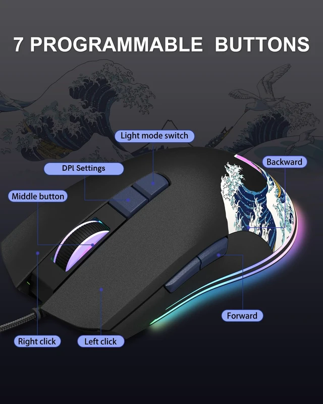 Alt view image 6 of 7 - Womier USB Wired Gaming Mouse for PC Computer Windows Mac Laptop | Lightweight Silent RGB Backlit Mouse with Adjustable 12000DPI/7 Programmable Side Buttons, Black Kanagawa Theme-G705 V2