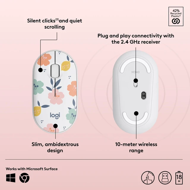 Alt view image 6 of 7 - M340 Compact Ambidextrous Silent Wireless Mouse - Floral Bouquet | Silent clicks, with 2.4 GHz USB-A Nano Receiver, 3 non-customizable buttons, 18-months battery, Windows Mac Chrome compatible