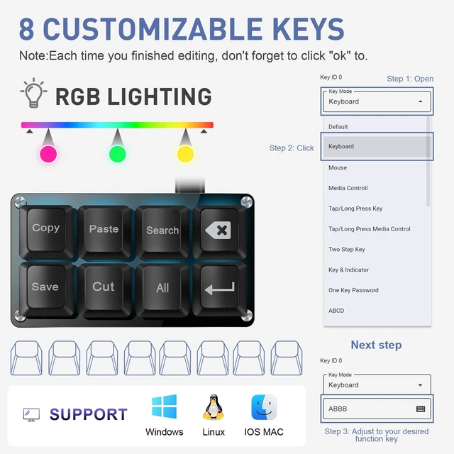 Alt view image 6 of 7 - Mini 8-Key Copy Paste Programmable Keyboard Hotswappable Mechanical Switch | For Rhythm Games Mini RGB Gaming Keypad for Customized Macros Office Work Shortcut Keys
