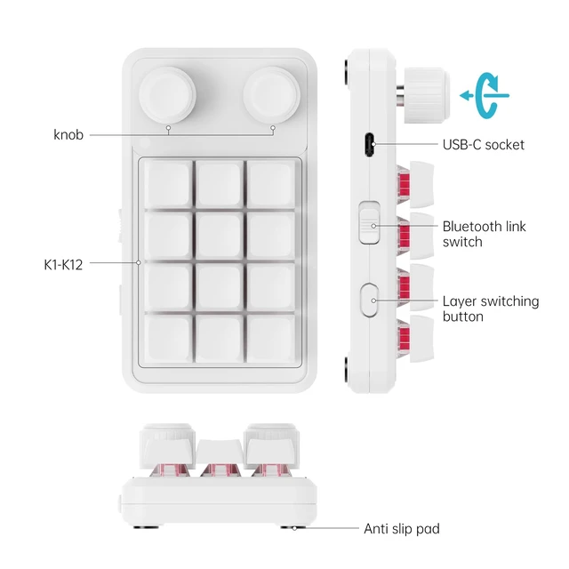 Alt view image 6 of 7 - Macro Pad with Macropad Knob,3-Layers Custom,12 Key Macro Keypad with Wireless Receiver,Hot swappable Switch Gaming Keyboard,Programmable Keyboard RGB,Mini Shortcut Keypad (White)