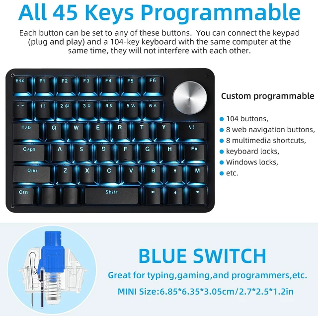 Alt view image 2 of 7 - One Handed Mechanical Gaming Keyboard with 24 Macro Keys | 45-Key Fully Programmable Mini Keypad, Blue Backlit/blue switches for Windows PC Gamers