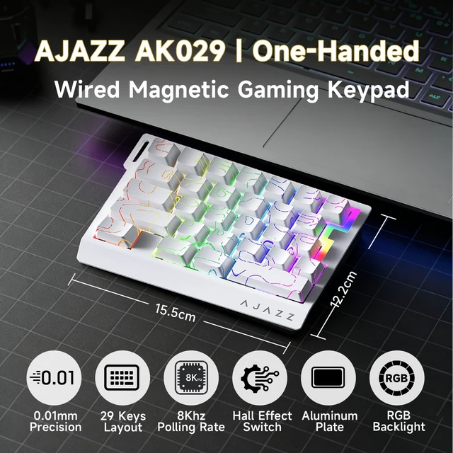 Alt view image 2 of 7 - AJAZZ AK029 Wired One-Handed Hall Effect Mechanical Gaming Keypad, 29 Keys | Magnetic Switch, Rapid Trigger, 8KHz Polling, SOCD/DKS, RGB Backlit, Web Driver Customizable, Portable, White Contour Line