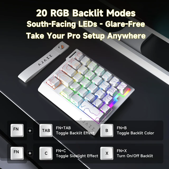 Alt view image 7 of 7 - AJAZZ AK029 Wired One-Handed Hall Effect Mechanical Gaming Keypad, 29 Keys | Magnetic Switch, Rapid Trigger, 8KHz Polling, SOCD/DKS, RGB Backlit, Web Driver Customizable, Portable, White Contour Line
