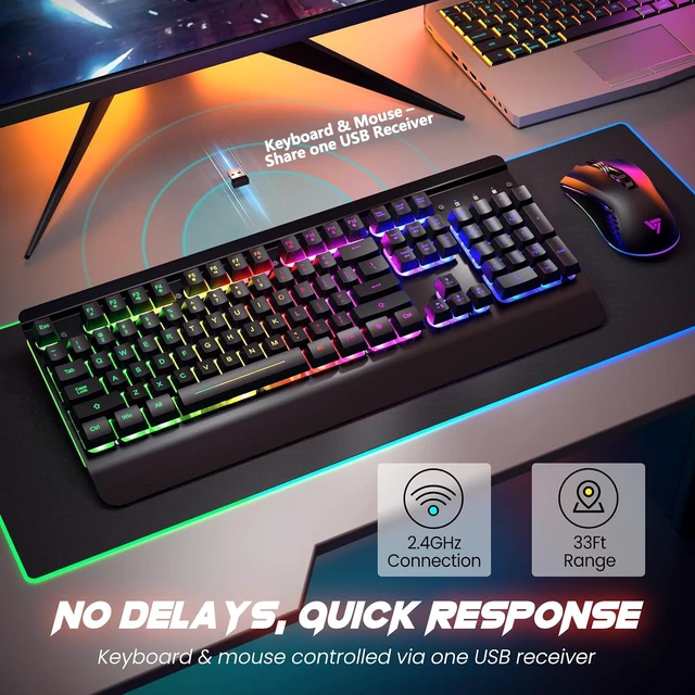 Alt view image 2 of 7 - Wireless Gaming Keyboard and Mouse Combo, Metal Panel Light Up 3200DPI Mice | 7 Color Backlits, Rechargeable 3200 mAh Battery/Wrist Rest/Sleep Mode, 7D 3200DPI Gaming Mice for PC Gamer