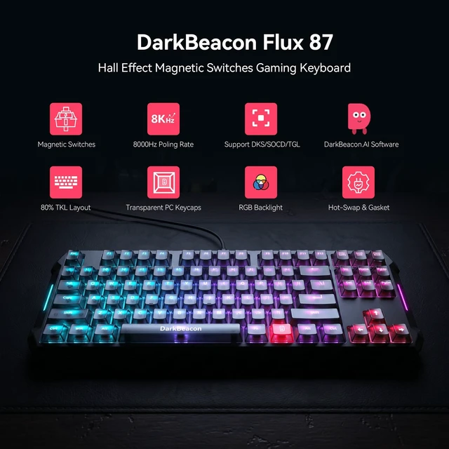 Alt view image 2 of 7 - Flux87 HE Mechanical Gaming Keyboard Wired, Hall Effect Magnetic Switch, 0.01mm Rapid Trigger, Adjustable Actuation, AI-Software, RS/SOCD/DKS/MT, 8000Hz Polling, Hot Swappable, RGB, for PC