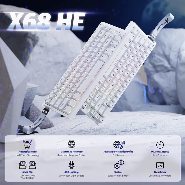 Alt view image 2 of 7 - X68 HE RT Mechanical Gaming Keyboard 60% Wired TKL-White | Adjustable Actuation,Hall Effect Magnetic Switch,8KHz Polling Rate,RGB Backlit,Top Mount, Web Driver for PC Mac Esport Gamer