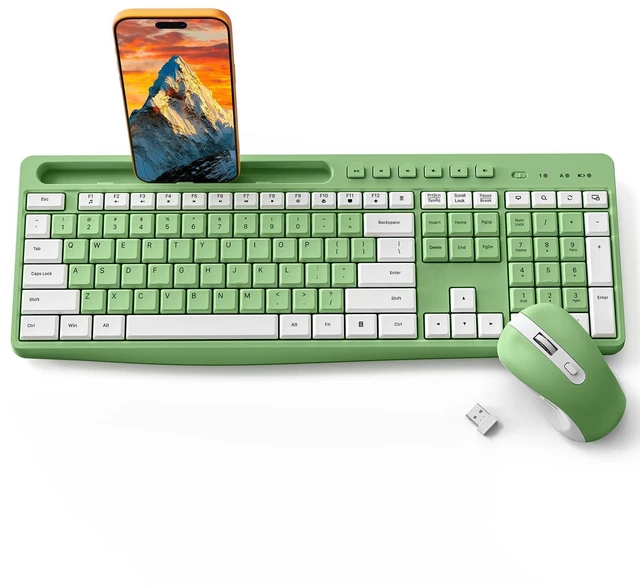 Main image of Green Wireless Keyboard and Mouse Combo with Phone Holder, 2.4G Quiet Keys | Silent Keyboard, 3-Level DPI Quiet Mouse, 12 Hotkeys, Full Size, Ergonomic for Office/Home/Work, For Windows PC Laptop,