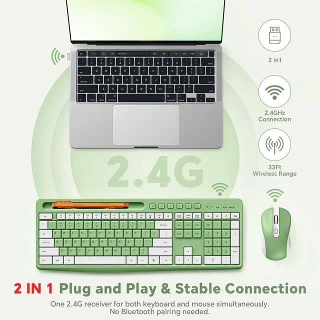 Alt view image 2 of 7 - Green Wireless Keyboard and Mouse Combo with Phone Holder, 2.4G Quiet Keys | Silent Keyboard, 3-Level DPI Quiet Mouse, 12 Hotkeys, Full Size, Ergonomic for Office/Home/Work, For Windows PC Laptop,