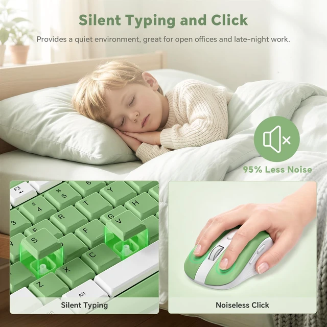 Alt view image 4 of 7 - Green Wireless Keyboard and Mouse Combo with Phone Holder, 2.4G Quiet Keys | Silent Keyboard, 3-Level DPI Quiet Mouse, 12 Hotkeys, Full Size, Ergonomic for Office/Home/Work, For Windows PC Laptop,