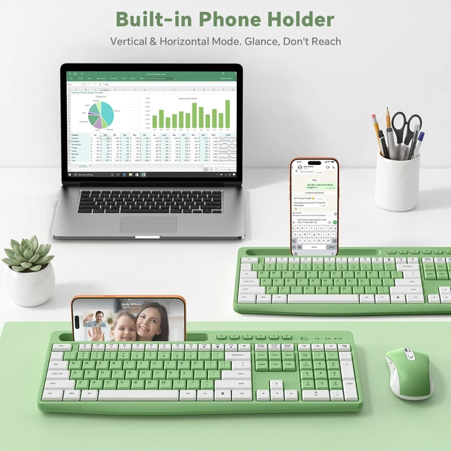 Alt view image 3 of 7 - Green Wireless Keyboard and Mouse Combo with Phone Holder, 2.4G Quiet Keys | Silent Keyboard, 3-Level DPI Quiet Mouse, 12 Hotkeys, Full Size, Ergonomic for Office/Home/Work, For Windows PC Laptop,