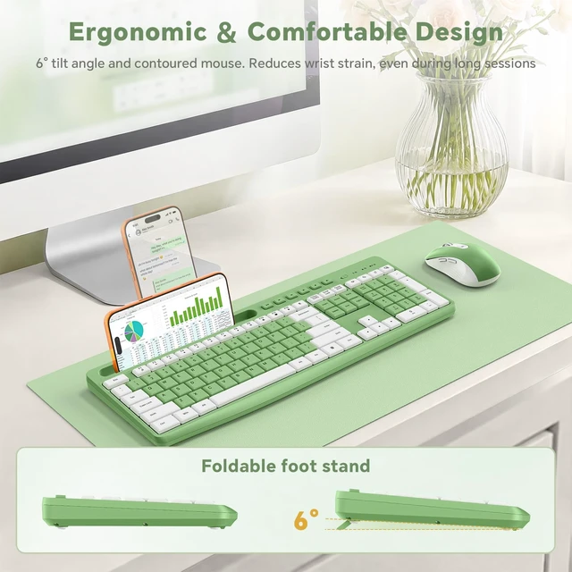 Alt view image 5 of 7 - Green Wireless Keyboard and Mouse Combo with Phone Holder, 2.4G Quiet Keys | Silent Keyboard, 3-Level DPI Quiet Mouse, 12 Hotkeys, Full Size, Ergonomic for Office/Home/Work, For Windows PC Laptop,