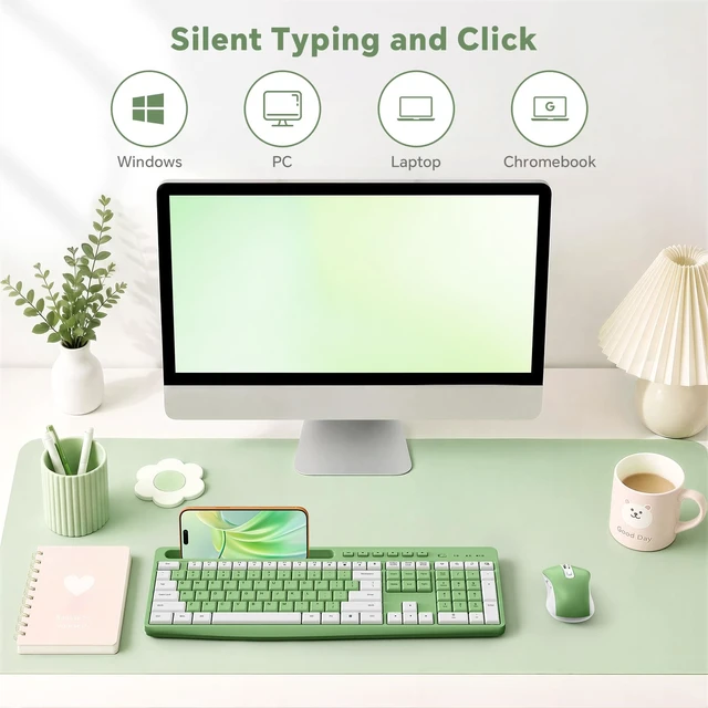 Alt view image 6 of 7 - Green Wireless Keyboard and Mouse Combo with Phone Holder, 2.4G Quiet Keys | Silent Keyboard, 3-Level DPI Quiet Mouse, 12 Hotkeys, Full Size, Ergonomic for Office/Home/Work, For Windows PC Laptop,