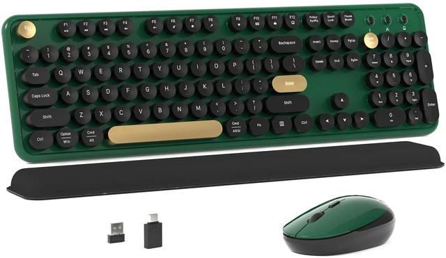 Main image of Colorful Wireless Computer Keyboard and Mouse Combo (Dark Green) | Retro Round Typewriter Keycaps, Power Switch, Ergonomic Design, 2.4GHz Wireless for Windows, Mac, PC