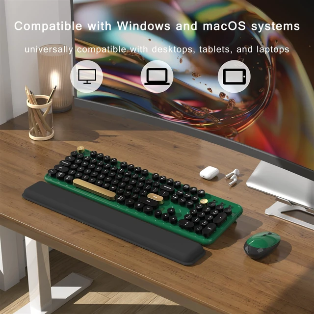 Alt view image 3 of 6 - Colorful Wireless Computer Keyboard and Mouse Combo (Dark Green) | Retro Round Typewriter Keycaps, Power Switch, Ergonomic Design, 2.4GHz Wireless for Windows, Mac, PC