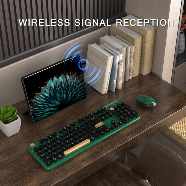 Alt view image 2 of 6 - Colorful Wireless Computer Keyboard and Mouse Combo (Dark Green) | Retro Round Typewriter Keycaps, Power Switch, Ergonomic Design, 2.4GHz Wireless for Windows, Mac, PC