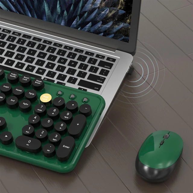 Alt view image 4 of 6 - Colorful Wireless Computer Keyboard and Mouse Combo (Dark Green) | Retro Round Typewriter Keycaps, Power Switch, Ergonomic Design, 2.4GHz Wireless for Windows, Mac, PC