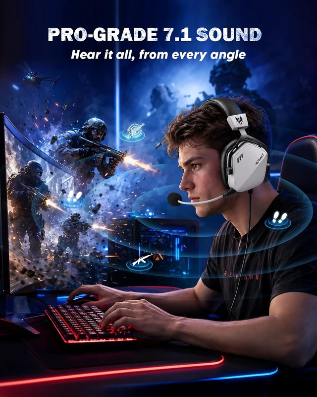 Alt view image 2 of 7 - HG03 Wired Gaming Headset for PC, FPS-Tuned, Noise-Canceling Mic | USB-A Equipped | One-Click FPS Mode | 50mm Driver | Memory Foam Cushion | For PC Laptop | Gaming & Office Comfort - White