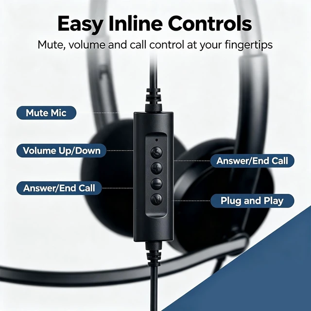 Alt view image 3 of 7 - USB Headset with Microphone for PC, Wired Computer Headset for Work | Lightweight, Adjustable Headband, USB-A, Plug-and-Play for PC/Laptop Home Office Online Class