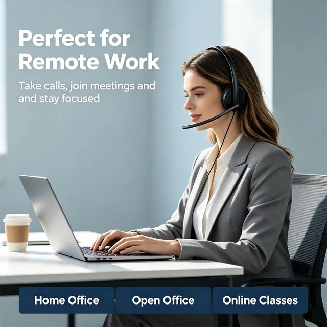 Alt view image 7 of 7 - USB Headset with Microphone for PC, Wired Computer Headset for Work | Lightweight, Adjustable Headband, USB-A, Plug-and-Play for PC/Laptop Home Office Online Class