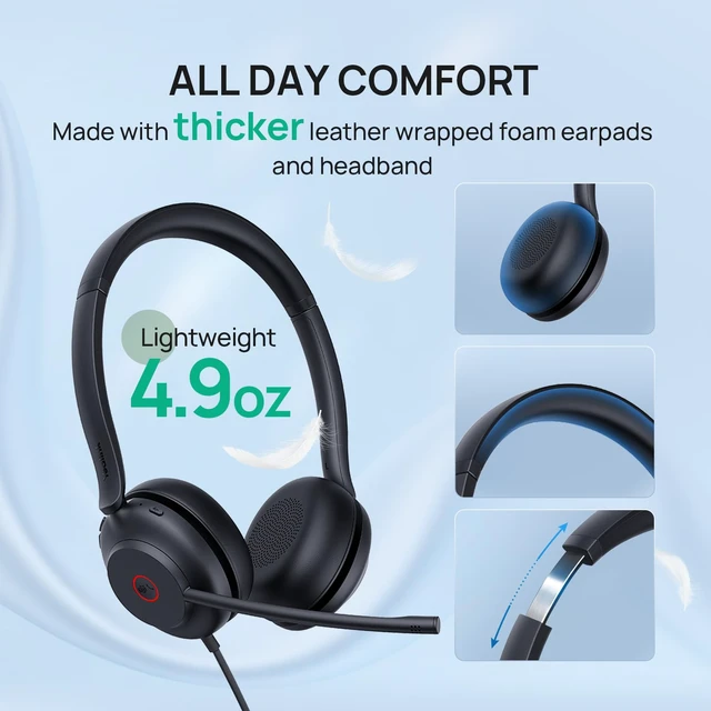 Alt view image 4 of 7 - UH35 Wired Headset,USB-A,AI Noise Canceling Mic,Call Control,On-Ear | Teams/Zoom Certified, Dual-Ear Headphones, Plug & Play for PC/Laptop/IP Phone,Easy Mute, Busylight,Home Office Online Meeting