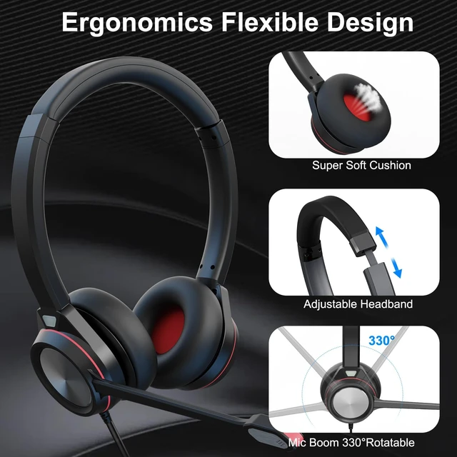 Alt view image 6 of 7 - USB Headset with Microphone for PC, 3.5mm & USB A/Type C Wired Computer Headset, Corded PC Headphone with Noise Cancelling Mic, Office Headphones for Business Call Center Teams Laptop