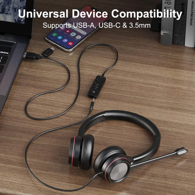 Alt view image 5 of 7 - USB Headset with Microphone for PC, 3.5mm & USB A/Type C Wired Computer Headset, Corded PC Headphone with Noise Cancelling Mic, Office Headphones for Business Call Center Teams Laptop