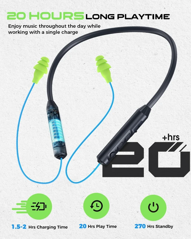 Alt view image 3 of 7 - Bluetooth Earplug Headphones, Neckband Wireless Earbuds earplugs-29db Noise Reduction isolating in-Ear earplug Earphones with Controls,IPX6 sweatproof,20+Hour Battery (Blue Green)