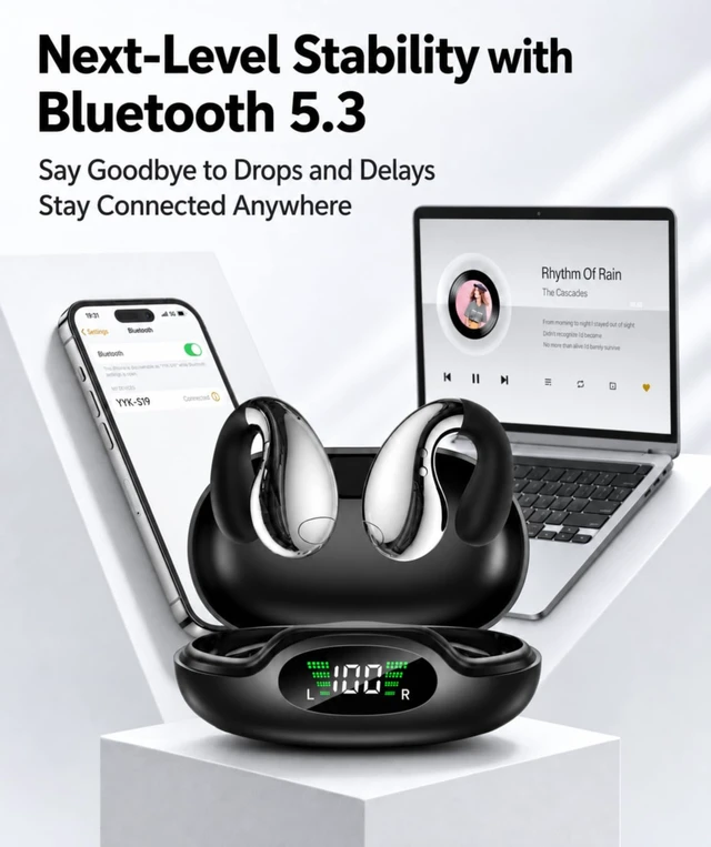 Alt view image 7 of 7 - Ultra Open Ear Earbuds - Clip on Earbuds, Open Ear Headphones with Comfortable Bone Conduction Design, Waterproof Build for Running, Gym Workouts and Outdoor Sports,Crystal Black