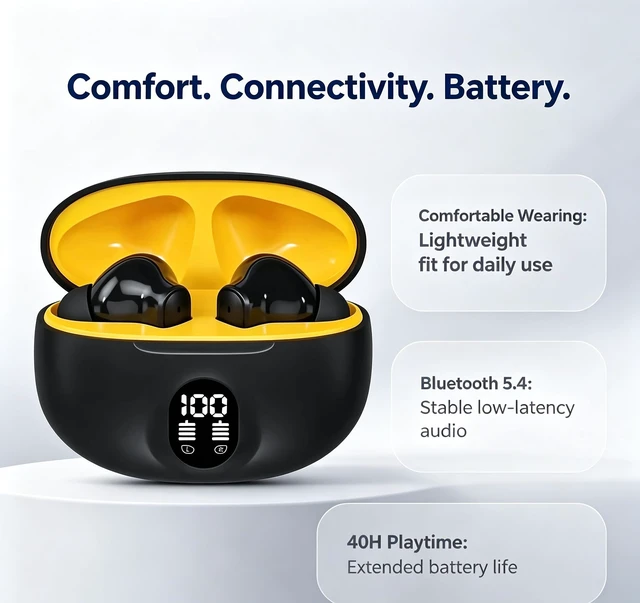 Alt view image 4 of 6 - Wireless Earbuds,2026 Bluetooth 5.3 Headphones Bass Stereo Ear Buds with Noise Cancelling Mic, LED Display in Ear Earphones 40H Playtime Ear Buds (Black)