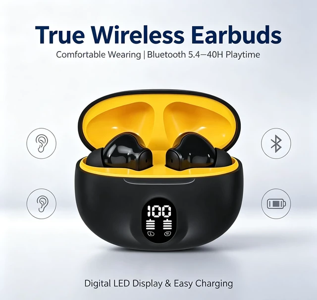 Alt view image 3 of 6 - Wireless Earbuds,2026 Bluetooth 5.3 Headphones Bass Stereo Ear Buds with Noise Cancelling Mic, LED Display in Ear Earphones 40H Playtime Ear Buds (Black)