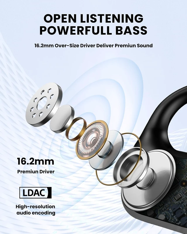 Alt view image 3 of 7 - Open Ear Headphones,Bluetooth 5.3 Air Conduction Headphones ,Comfortable for Long Wear ,Powerful Bass,AI Clear Calls,30H Playback,IPX6 Light Weight Open Ear Earbuds with Ear-Hook for Workout,Running