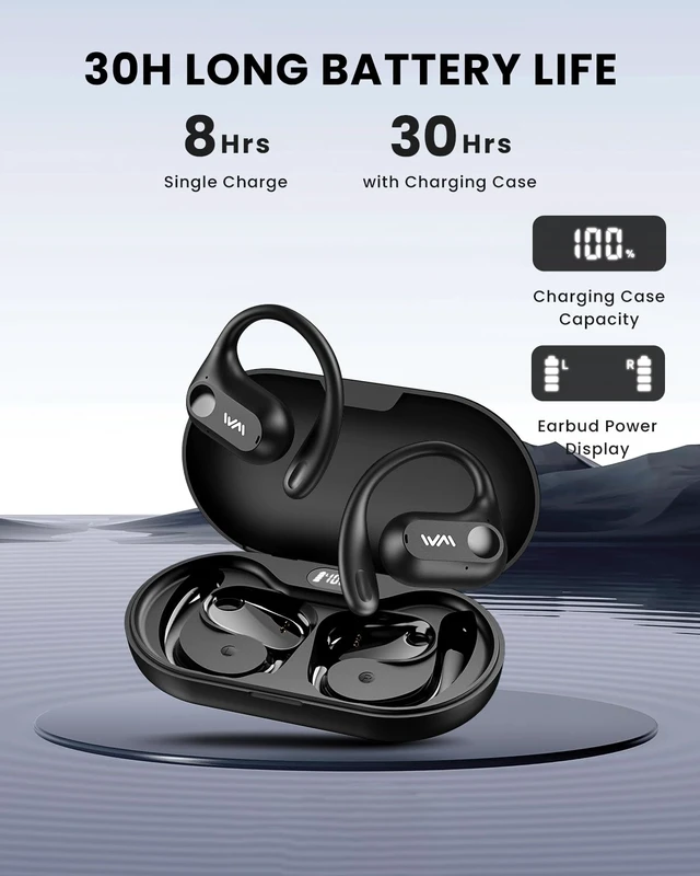 Alt view image 5 of 7 - Open Ear Headphones,Bluetooth 5.3 Air Conduction Headphones ,Comfortable for Long Wear ,Powerful Bass,AI Clear Calls,30H Playback,IPX6 Light Weight Open Ear Earbuds with Ear-Hook for Workout,Running