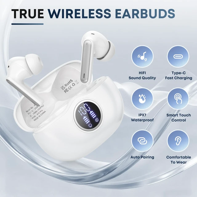 Alt view image 2 of 7 - Wireless earbuds, Bluetooth 5.3 Ear buds Headphones with Digital Display | 50H Long Playtime Earphones, HiFi Stereo, ENC Noise Canceling, IPX7 Waterproof for Gym/Running/Work
