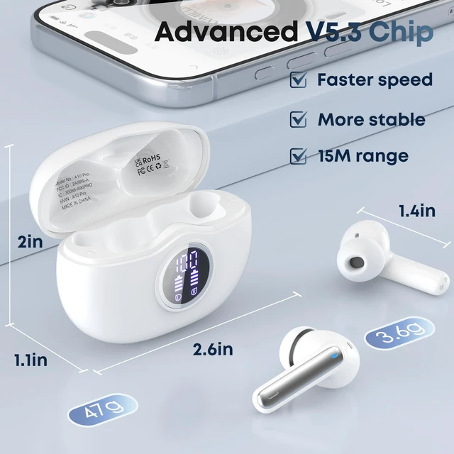 Alt view image 7 of 7 - Wireless earbuds, Bluetooth 5.3 Ear buds Headphones with Digital Display | 50H Long Playtime Earphones, HiFi Stereo, ENC Noise Canceling, IPX7 Waterproof for Gym/Running/Work