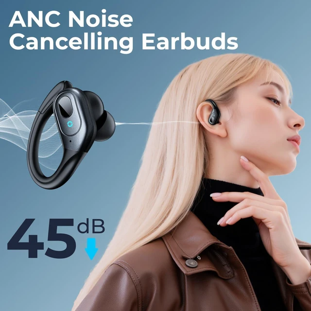 Alt view image 2 of 7 - Active Noise Cancelling Earbuds Wireless Bluetooth Headphones | Ear Buds 90Hrs Playback Stereo Bass Earphones with Mic Over-Ear Hooks IPX7 Waterproof Headset for Sports Running Matte Black