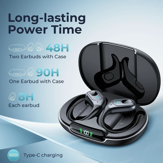 Alt view image 3 of 7 - Active Noise Cancelling Earbuds Wireless Bluetooth Headphones | Ear Buds 90Hrs Playback Stereo Bass Earphones with Mic Over-Ear Hooks IPX7 Waterproof Headset for Sports Running Matte Black