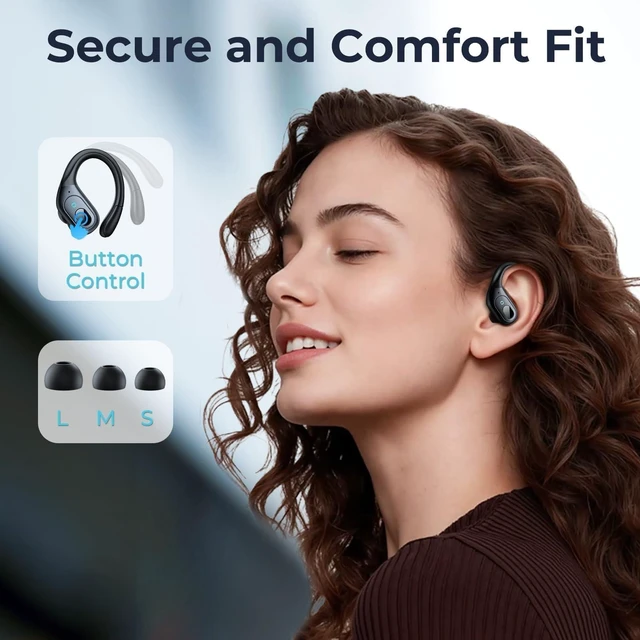 Alt view image 5 of 7 - Active Noise Cancelling Earbuds Wireless Bluetooth Headphones | Ear Buds 90Hrs Playback Stereo Bass Earphones with Mic Over-Ear Hooks IPX7 Waterproof Headset for Sports Running Matte Black