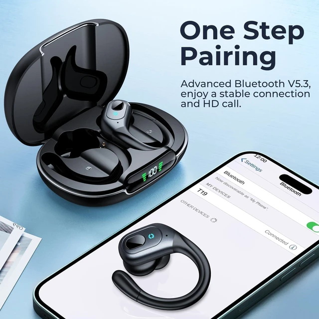 Alt view image 6 of 7 - Active Noise Cancelling Earbuds Wireless Bluetooth Headphones | Ear Buds 90Hrs Playback Stereo Bass Earphones with Mic Over-Ear Hooks IPX7 Waterproof Headset for Sports Running Matte Black