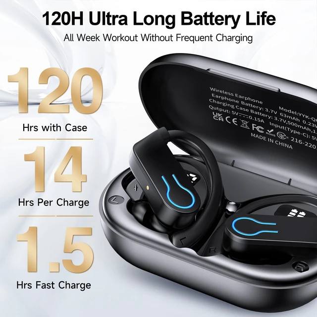 Alt view image 4 of 7 - Wireless Earbuds 120H Playtime Bluetooth 6.1 Sport Headphones with Earhooks | IP7 Waterproof In-ear Buds Feature ENC Noise Cancelling MicHi-Res Audio Earphones, Digital Display for Gym Running Workout