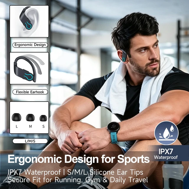 Alt view image 7 of 7 - Wireless Earbuds 120H Playtime Bluetooth 6.1 Sport Headphones with Earhooks | IP7 Waterproof In-ear Buds Feature ENC Noise Cancelling MicHi-Res Audio Earphones, Digital Display for Gym Running Workout
