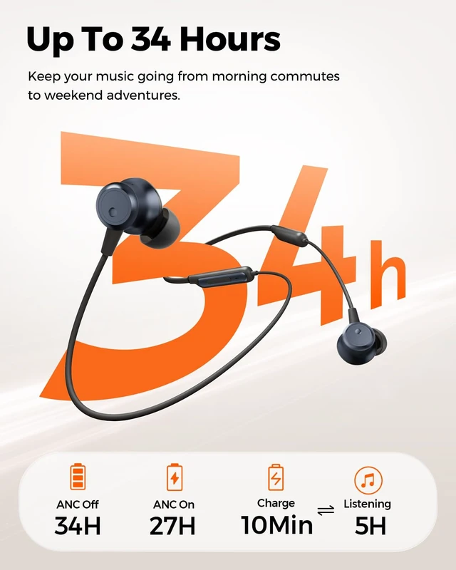 Alt view image 3 of 7 - F3 Neckband Headpones, Active Noise Cancelling Wireless Earbuds | Magnetic Bluetooth 6.0 Sports Earphones, -40dB ANC, Spatial Audio, Dual Connection, 34 Hours of Playtime, Workout, Commute