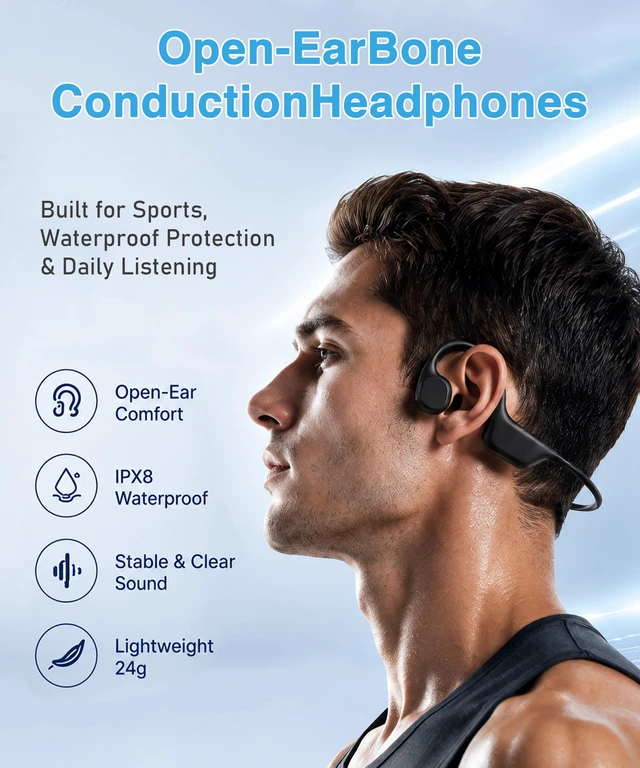 Alt view image 2 of 7 - Bone Conduction Swimming Headphones, IPX8 Waterproof Open Ear Bluetooth 6.0 Wireless Sports Headphones with 13H Playtime, Neckband Earphones with Magnetic Charging for Swimming Running Cycling Workout