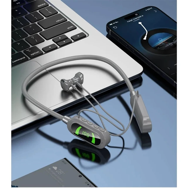 Alt view image 5 of 7 - Wireless Neckband Earphones with LED BT5.3 20H Play time Water Resistant Noise Cancelling for Sports and Gaming (Grey)
