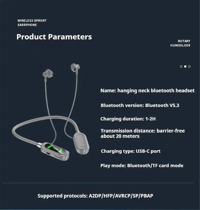 Alt view image 7 of 7 - Wireless Neckband Earphones with LED BT5.3 20H Play time Water Resistant Noise Cancelling for Sports and Gaming (Grey)