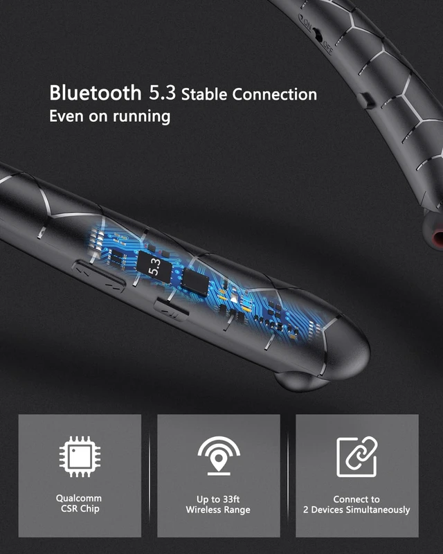 Alt view image 4 of 6 - Neckband Bluetooth Headphones, V5.3 Retractable Headphones with IPX5 Sweatproof, 18H Playtime Sport Headset with Noise Cancelling Mic for Gym, Running, Workout, Outdoor Sports