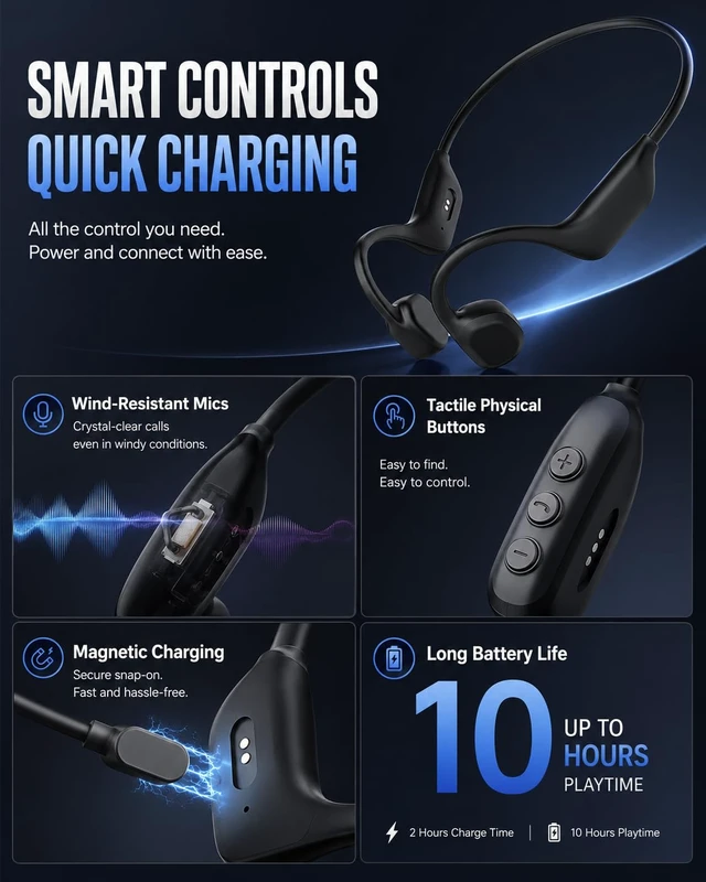 Alt view image 6 of 7 - New Bone Conduction Headphones, Open Ear Bluetooth 6.0 Wireless Sports Headphones, IPX8 Waterproof Neckband Earphones with 10H Playtime, Magnetic Charging Headphones for Running Cycling Workout Gym