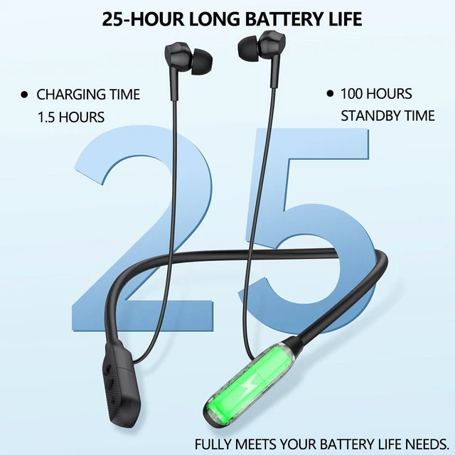 Alt view image 2 of 7 - Neckband Bluetooth Earphones, 25-Hour Long Playback (Black) | Wireless sports earphone with microphone earphones, in-ear headphones, suitable for outdoor sports, running, and cycling