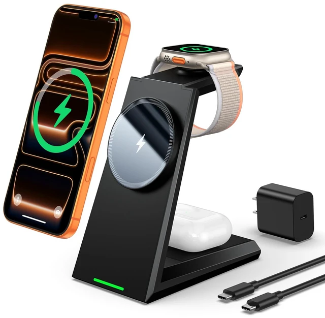 Main image of 3 in 1 Magnetic Wireless Charging Station - 15W Fast Charging for iPhone 17/16/15/14/13/12, Compatible with MagSafe, for Apple Watch & AirPods, Auto-Dimming Light for Nightstand, Includes 30W Adapter